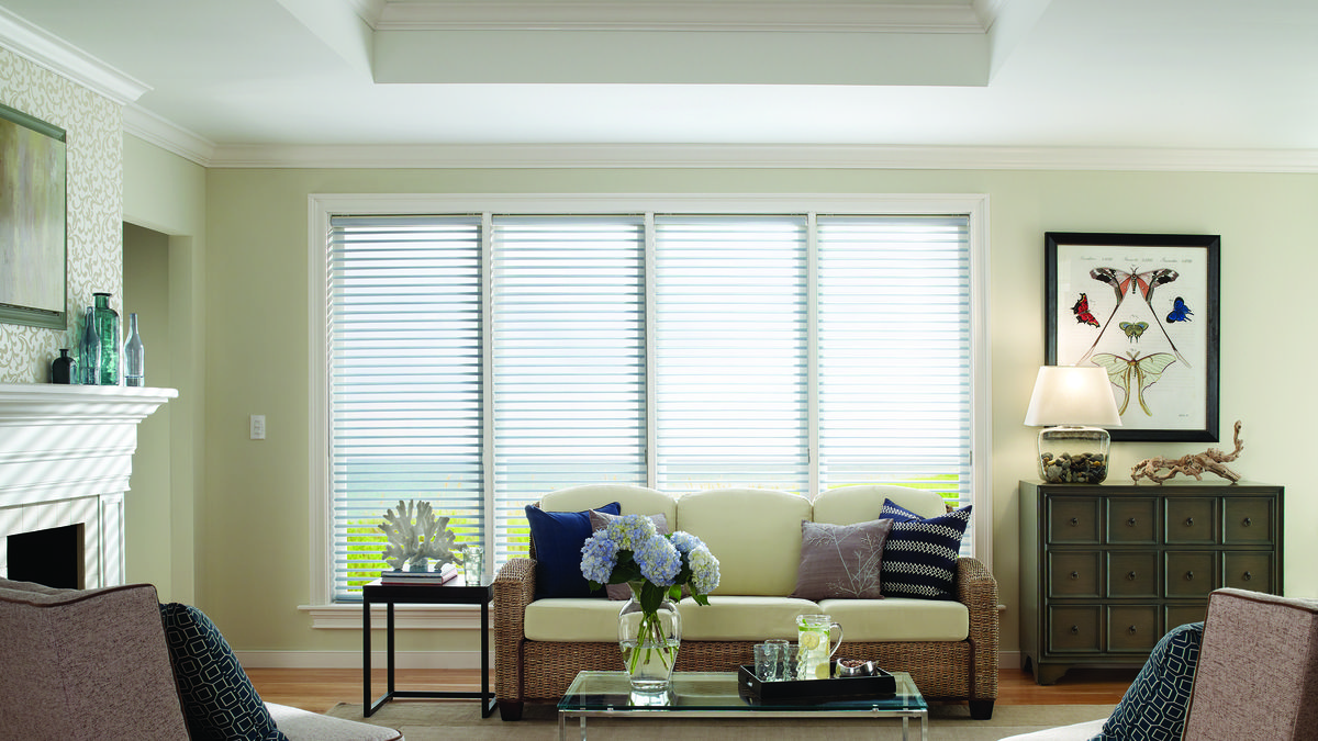 Composite blinds in a contemporary living room that let natural light in while combining design and practicality.