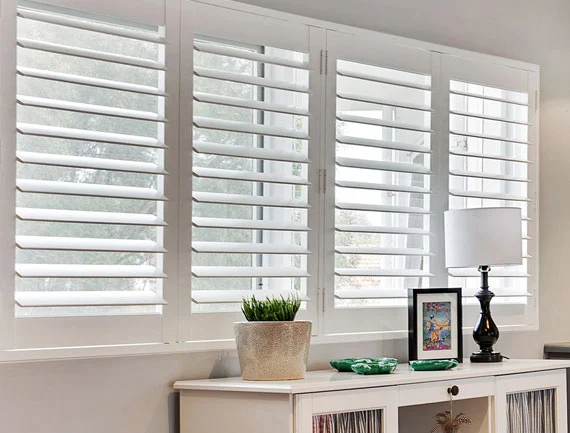 Composite shutters with a sleek white inside offer a practical and fashionable window covering for any living area.