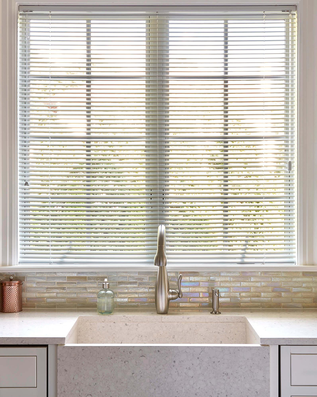 Modern aluminum blinds display their streamlined appearance and usefulness for privacy and light control.