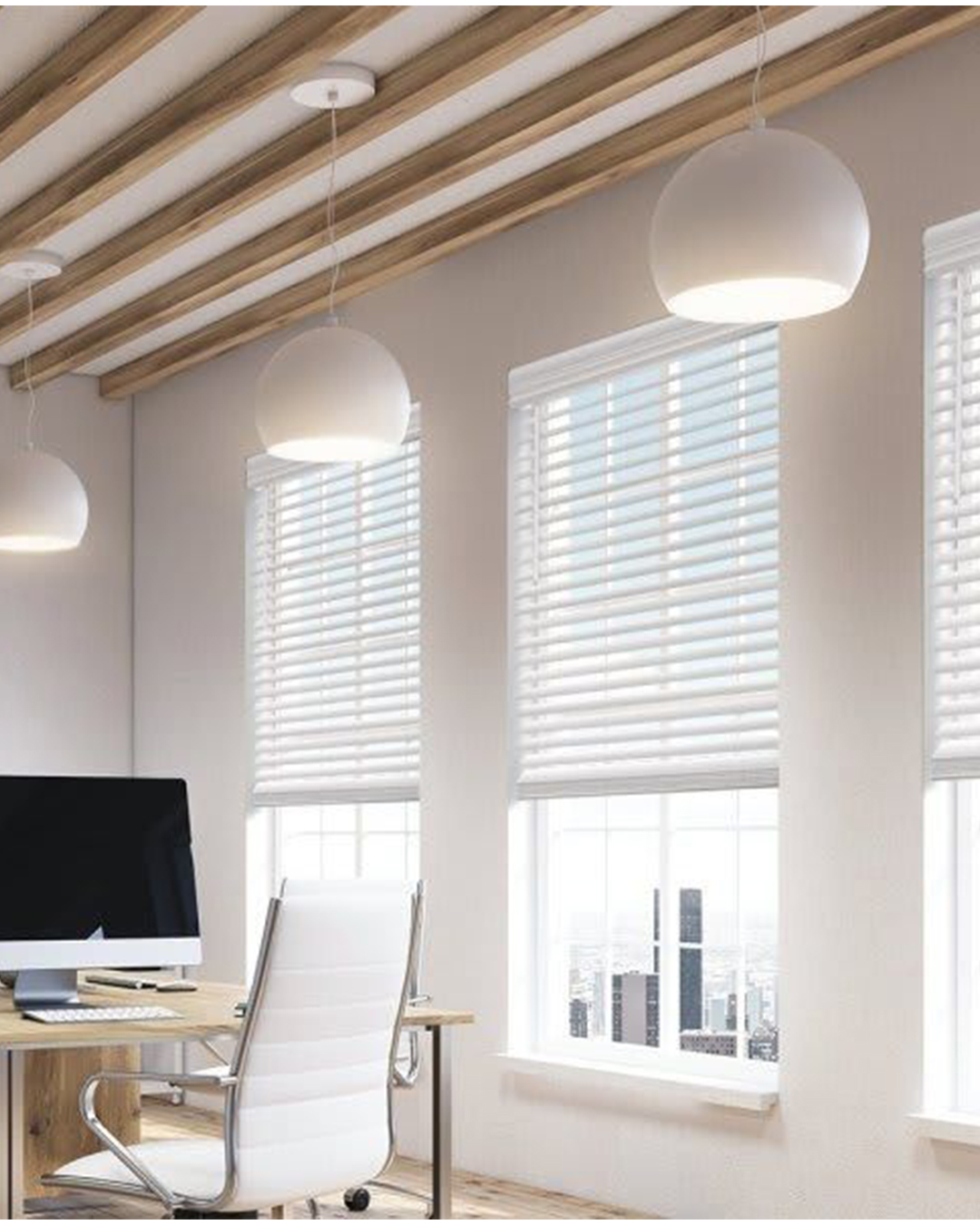 Elegant imitation wood blinds provide seclusion and light control in a light-filled space, boosting the décor.