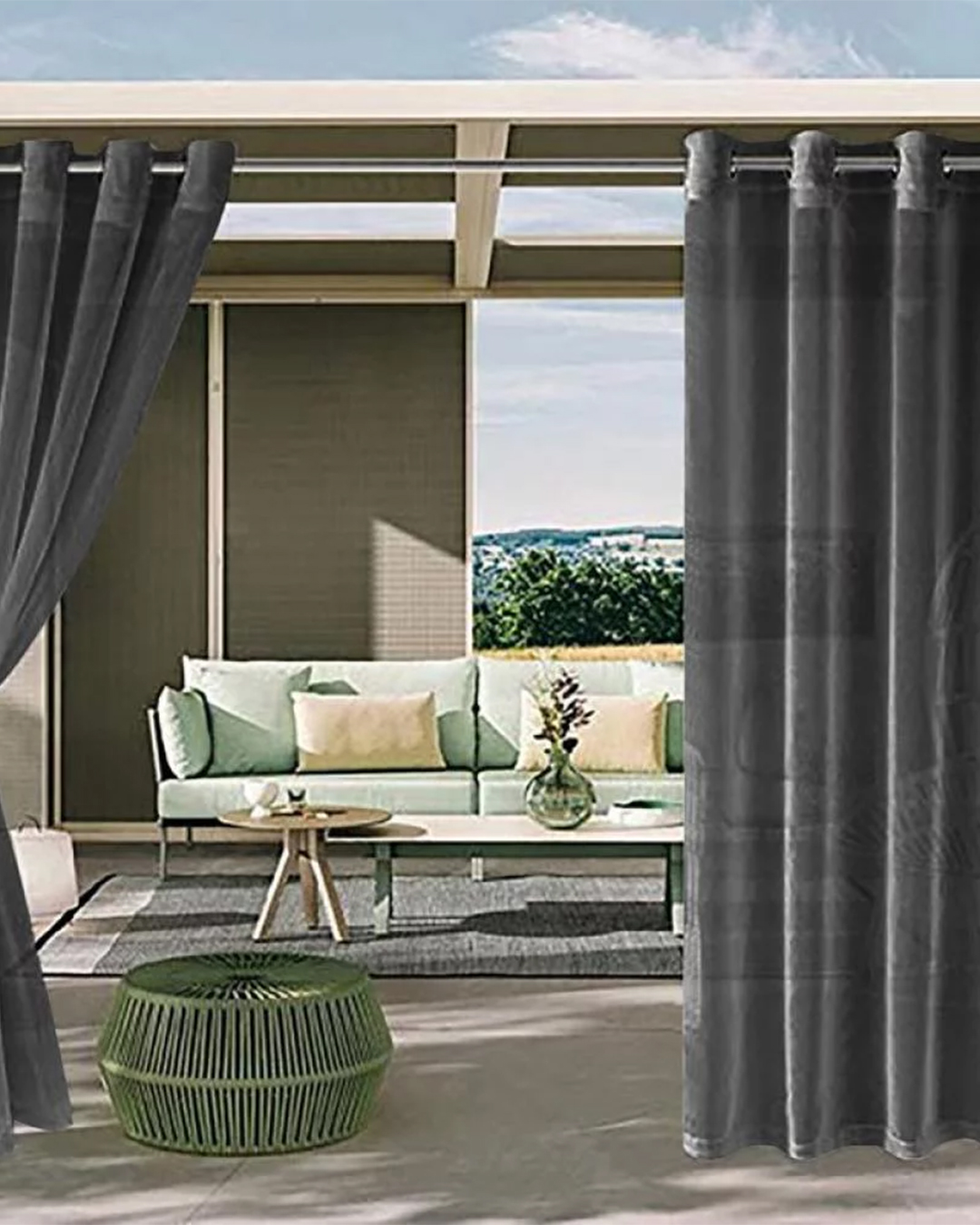 Gorgeously designed natural draperies flow down, giving the space a calm and welcoming feel.