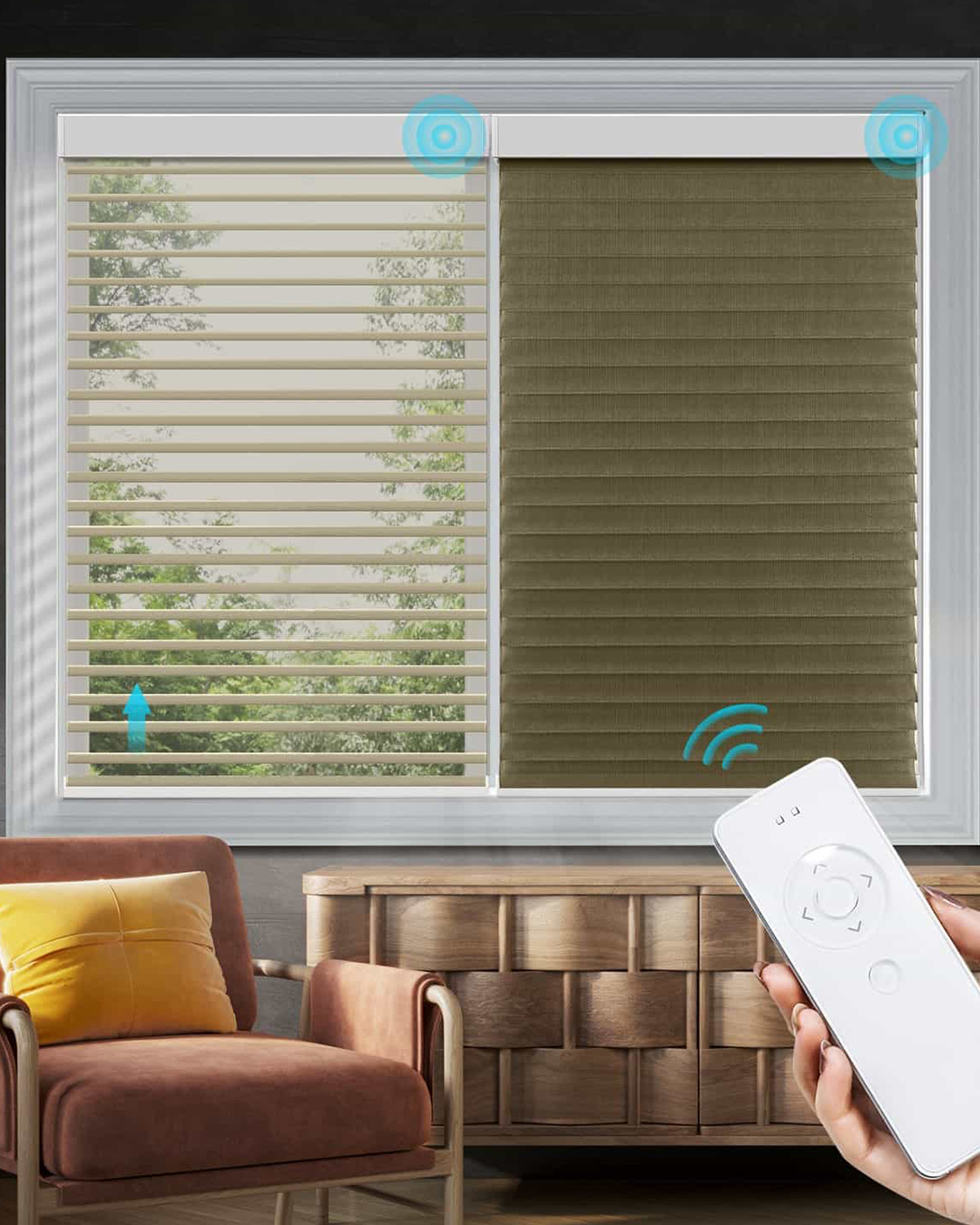 Elegant, smart blinds in operation, offering simple privacy and light control in a modern environment.