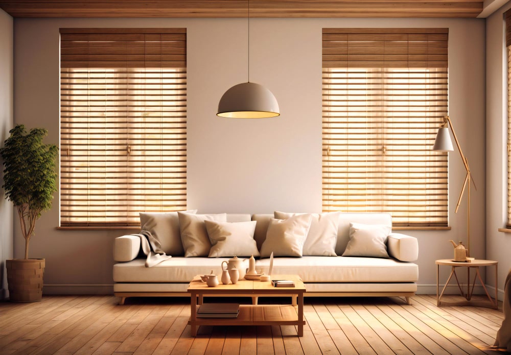 An inviting and calm setting is created in this contemporary living room with wooden blinds and a plush couch.