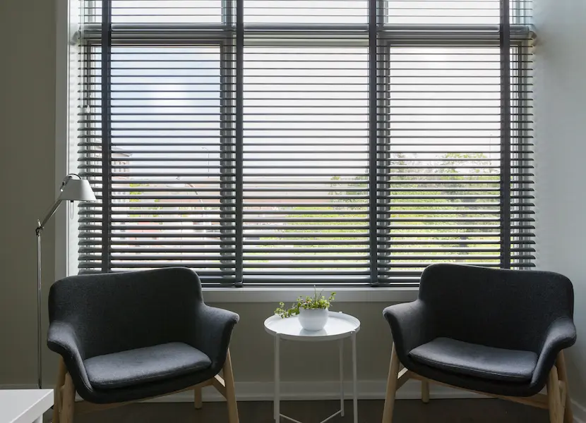 A window with contemporary aluminum blinds that control sunlight and improve the aesthetics of the space.